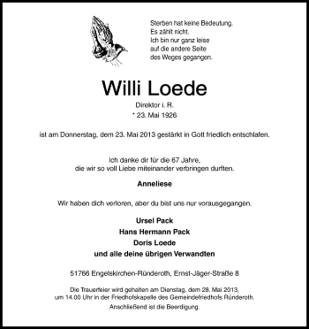 Anzeige von Willi Loede von Kölner Stadt-Anzeiger / Kölnische Rundschau / Express