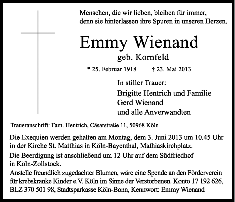  Traueranzeige für Emmy Wienand vom 27.05.2013 aus Kölner Stadt-Anzeiger / Kölnische Rundschau / Express