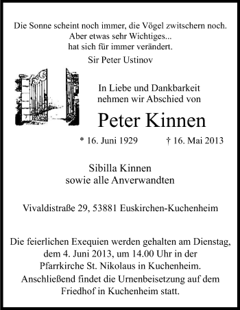 Anzeige von Peter Kinnen von Kölner Stadt-Anzeiger / Kölnische Rundschau / Express