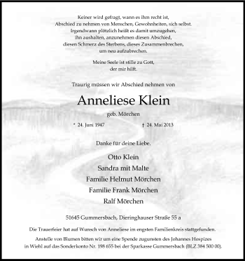 Anzeige von Anneliese Klein von Kölner Stadt-Anzeiger / Kölnische Rundschau / Express