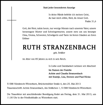Anzeige von Ruth Stranzenbach von Kölner Stadt-Anzeiger / Kölnische Rundschau / Express