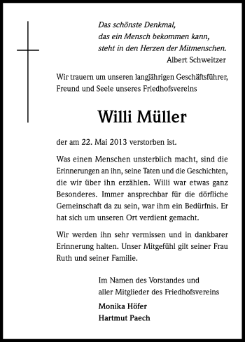 Anzeige von Willi Müller von Kölner Stadt-Anzeiger / Kölnische Rundschau / Express