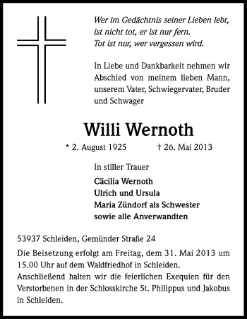 Anzeige von Willi Wernoth von Kölner Stadt-Anzeiger / Kölnische Rundschau / Express