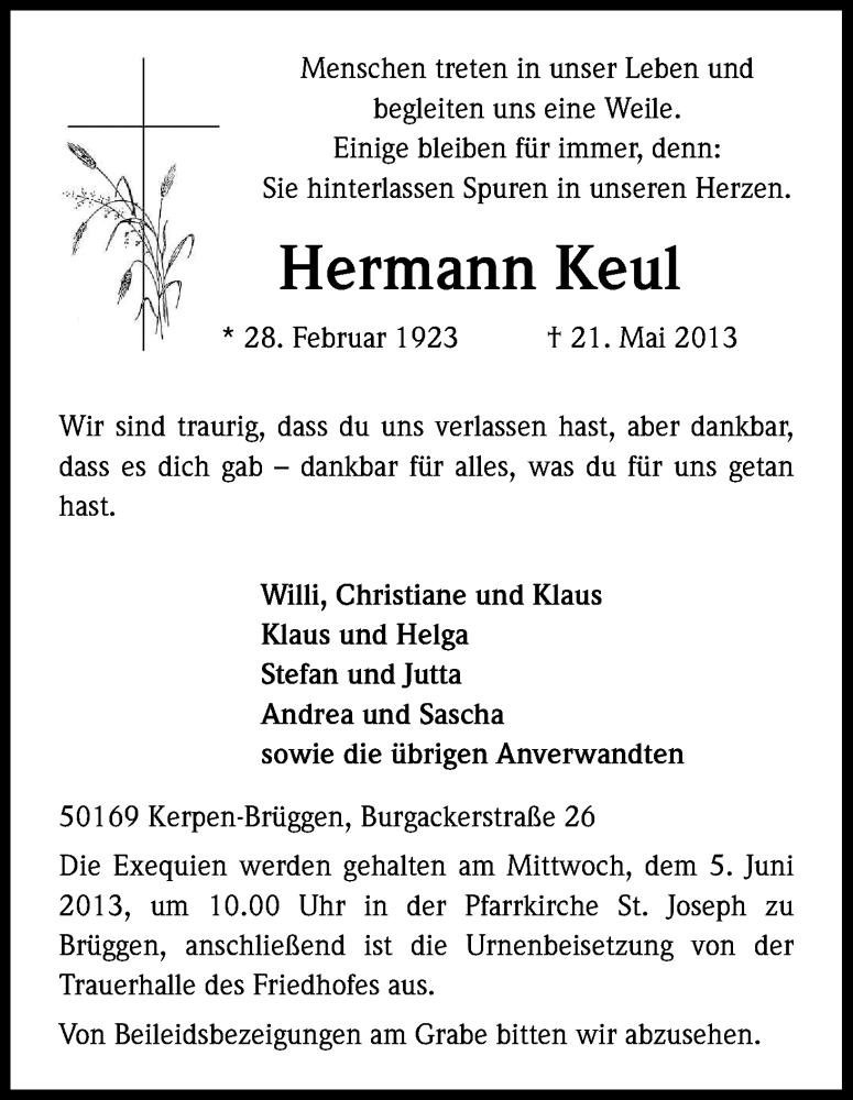  Traueranzeige für Hermann Keul vom 01.06.2013 aus Kölner Stadt-Anzeiger / Kölnische Rundschau / Express