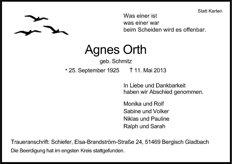  Traueranzeige für Agnes Orth vom 29.05.2013 aus Kölner Stadt-Anzeiger / Kölnische Rundschau / Express
