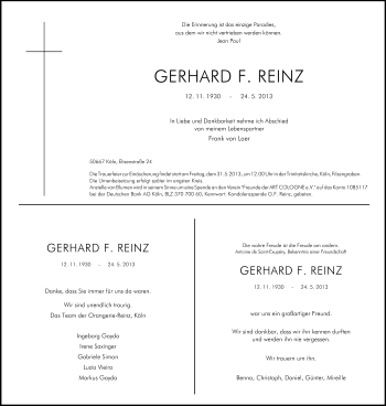 Anzeige von Gerhard Reinz von Kölner Stadt-Anzeiger / Kölnische Rundschau / Express