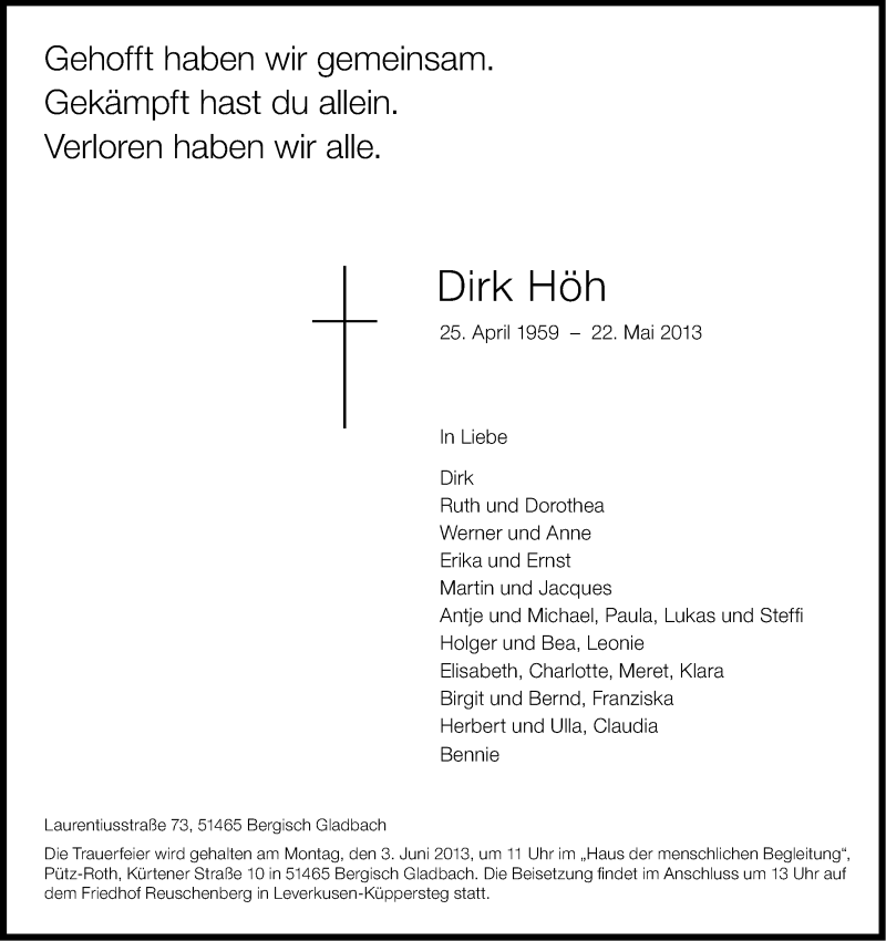  Traueranzeige für Dirk Höh vom 29.05.2013 aus Kölner Stadt-Anzeiger / Kölnische Rundschau / Express