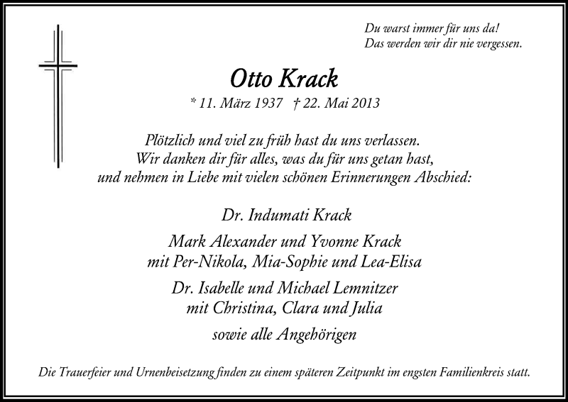  Traueranzeige für Otto Krack vom 29.05.2013 aus Kölner Stadt-Anzeiger / Kölnische Rundschau / Express