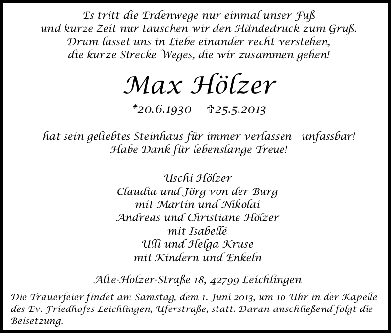 Traueranzeige für Max Hölzer vom 29.05.2013 aus Kölner Stadt-Anzeiger / Kölnische Rundschau / Express