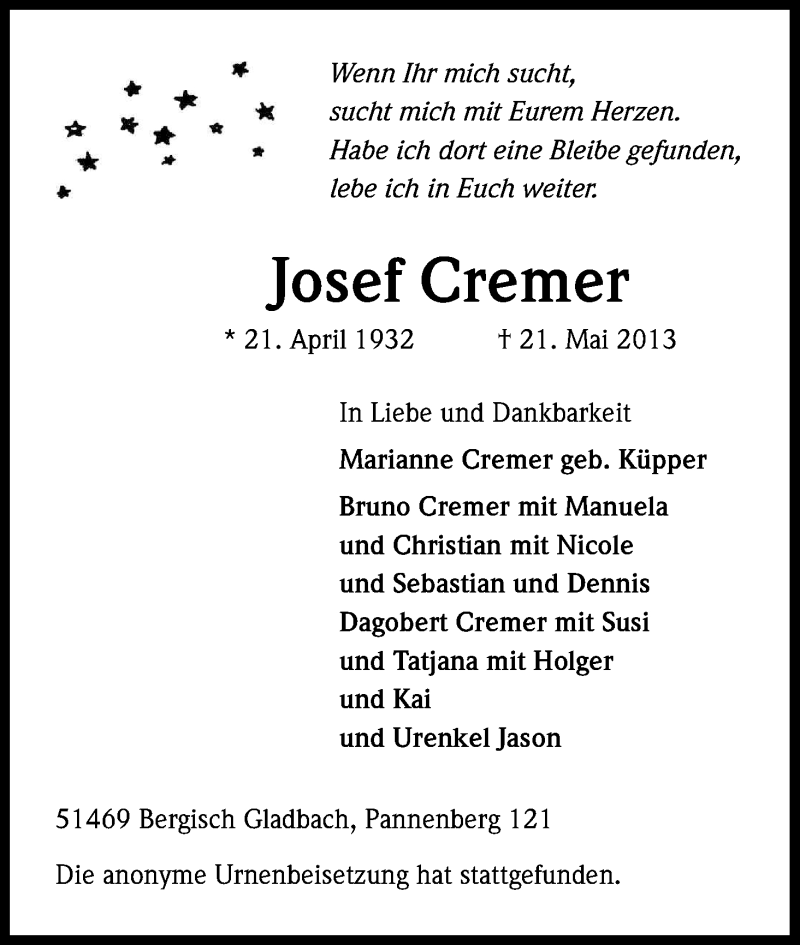  Traueranzeige für Josef Cremer vom 29.05.2013 aus Kölner Stadt-Anzeiger / Kölnische Rundschau / Express