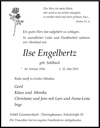 Anzeige von Ilse Engelbertz von Kölner Stadt-Anzeiger / Kölnische Rundschau / Express