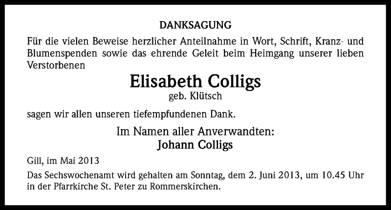  Traueranzeige für Elisabeth Colligs vom 29.05.2013 aus Kölner Stadt-Anzeiger / Kölnische Rundschau / Express