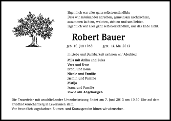 Anzeige von Robert Bauer von Kölner Stadt-Anzeiger / Kölnische Rundschau / Express