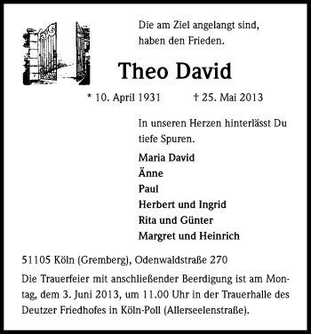 Anzeige von Theo David von Kölner Stadt-Anzeiger / Kölnische Rundschau / Express