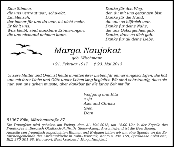 Anzeige von Marga Naujokat von Kölner Stadt-Anzeiger / Kölnische Rundschau / Express