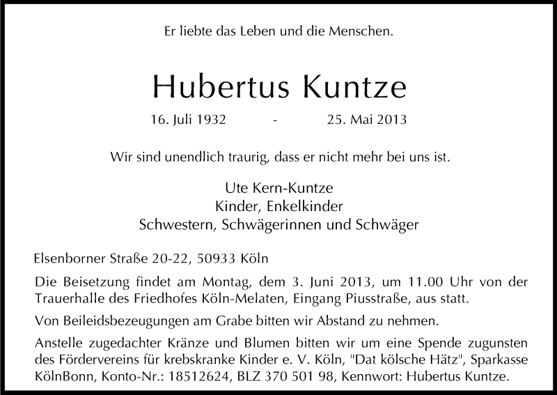  Traueranzeige für Hubertus Kuntze vom 29.05.2013 aus Kölner Stadt-Anzeiger / Kölnische Rundschau / Express