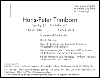 Anzeige von Hans-Peter Trimborn von Kölner Stadt-Anzeiger / Kölnische Rundschau / Express