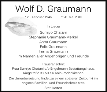 Anzeige von Wolf Dieter Graumann von Kölner Stadt-Anzeiger / Kölnische Rundschau / Express