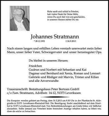 Anzeige von Johannes Stratmann von Kölner Stadt-Anzeiger / Kölnische Rundschau / Express