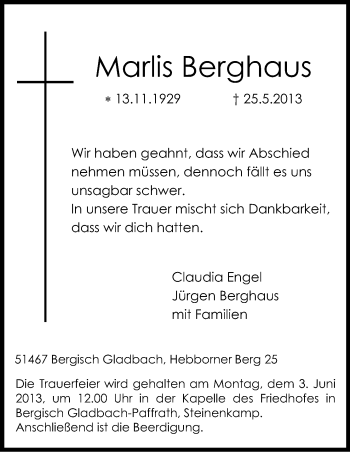 Anzeige von Marlies Berghaus von Kölner Stadt-Anzeiger / Kölnische Rundschau / Express