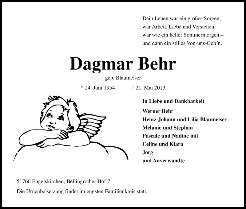  Traueranzeige für Dagmar Behr vom 29.05.2013 aus Kölner Stadt-Anzeiger / Kölnische Rundschau / Express