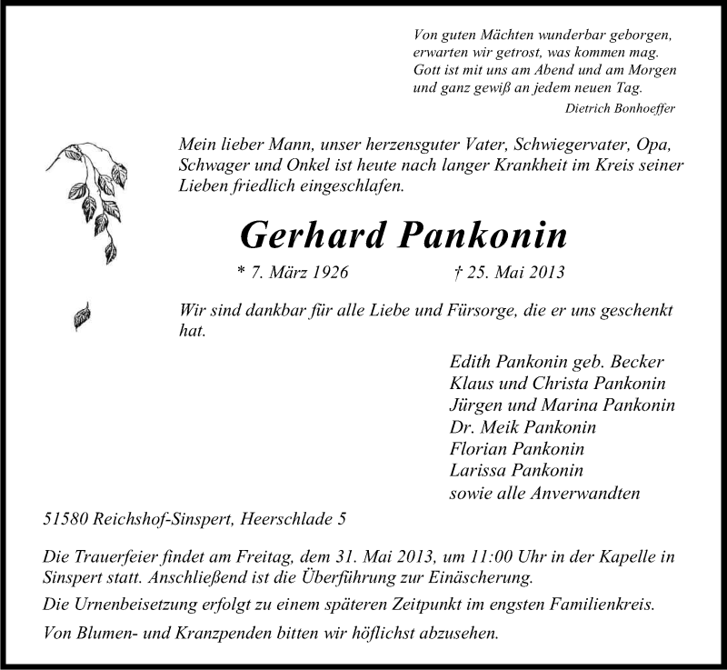  Traueranzeige für Gerhard Pankonin vom 28.05.2013 aus Kölner Stadt-Anzeiger / Kölnische Rundschau / Express