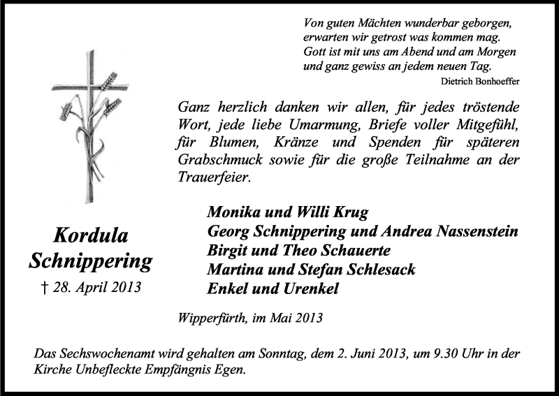  Traueranzeige für Kordula Schnippering vom 29.05.2013 aus Kölner Stadt-Anzeiger / Kölnische Rundschau / Express