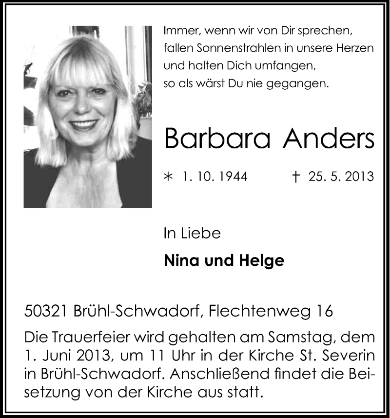  Traueranzeige für Barbara Anders vom 29.05.2013 aus Kölner Stadt-Anzeiger / Kölnische Rundschau / Express