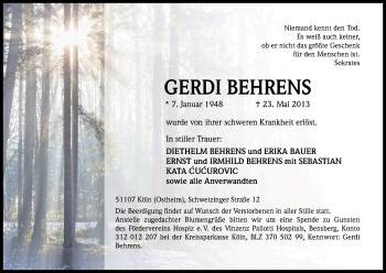 Anzeige von Gerdi Behrens von Kölner Stadt-Anzeiger / Kölnische Rundschau / Express