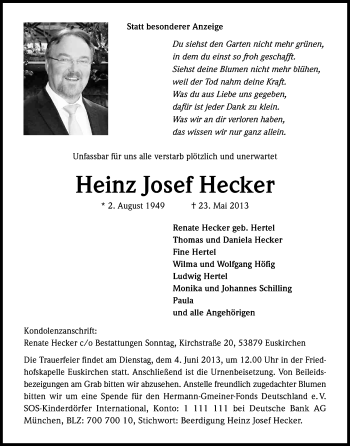 Anzeige von Heinz Josef Hecker von Kölner Stadt-Anzeiger / Kölnische Rundschau / Express