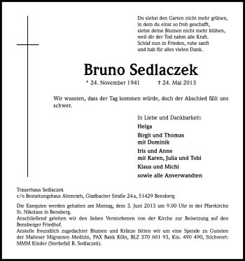 Anzeige von Bruno Sedlaczek von Kölner Stadt-Anzeiger / Kölnische Rundschau / Express