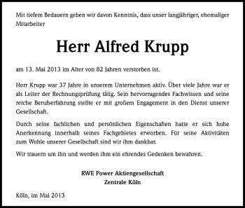 Anzeige von Alfred Krupp von Kölner Stadt-Anzeiger / Kölnische Rundschau / Express