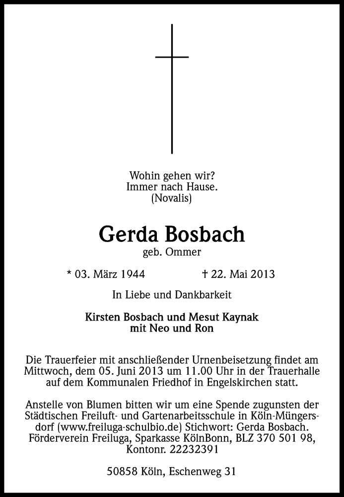  Traueranzeige für Gerda Bosbach vom 30.05.2013 aus Kölner Stadt-Anzeiger / Kölnische Rundschau / Express