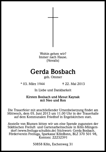 Anzeige von Gerda Bosbach von Kölner Stadt-Anzeiger / Kölnische Rundschau / Express