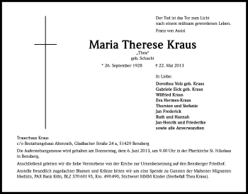 Anzeige von Maria Therese Kraus von Kölner Stadt-Anzeiger / Kölnische Rundschau / Express