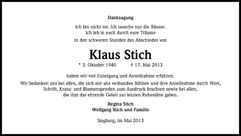 Anzeige von Klaus Stich von Kölner Stadt-Anzeiger / Kölnische Rundschau / Express