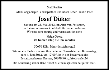 Anzeige von Josef Düker von Kölner Stadt-Anzeiger / Kölnische Rundschau / Express