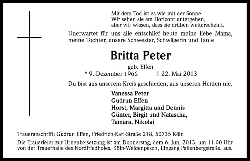  Traueranzeige für Britta Peter vom 01.06.2013 aus Kölner Stadt-Anzeiger / Kölnische Rundschau / Express