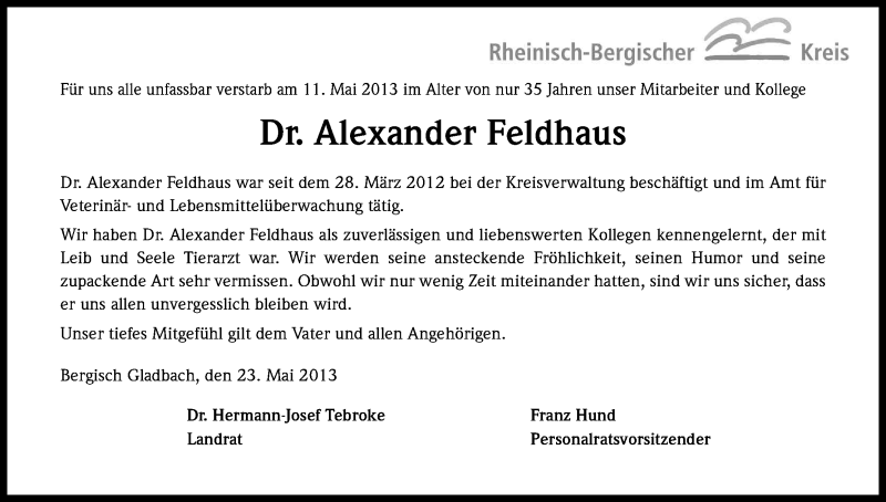  Traueranzeige für Alexander Feldhaus vom 29.05.2013 aus Kölner Stadt-Anzeiger / Kölnische Rundschau / Express