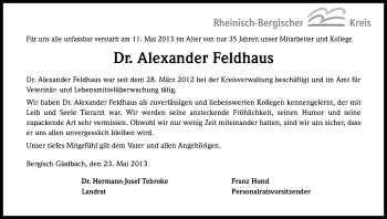 Anzeige von Alexander Feldhaus von Kölner Stadt-Anzeiger / Kölnische Rundschau / Express
