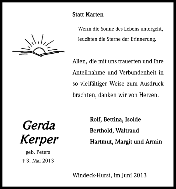 Anzeige von Gerda Kerper von Kölner Stadt-Anzeiger / Kölnische Rundschau / Express
