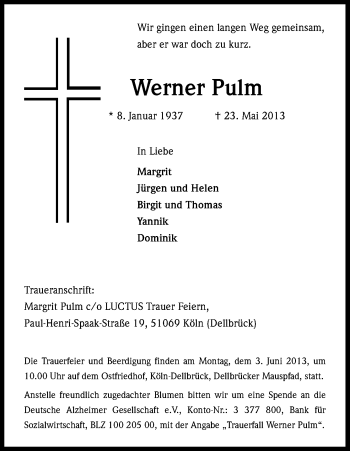 Anzeige von Werner Pulm von Kölner Stadt-Anzeiger / Kölnische Rundschau / Express