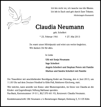 Anzeige von Claudia Neumann von Kölner Stadt-Anzeiger / Kölnische Rundschau / Express