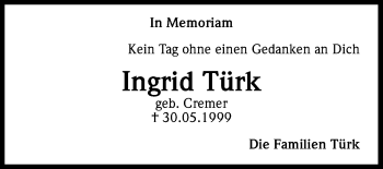 Anzeige von Ingrid Türk von Kölner Stadt-Anzeiger / Kölnische Rundschau / Express