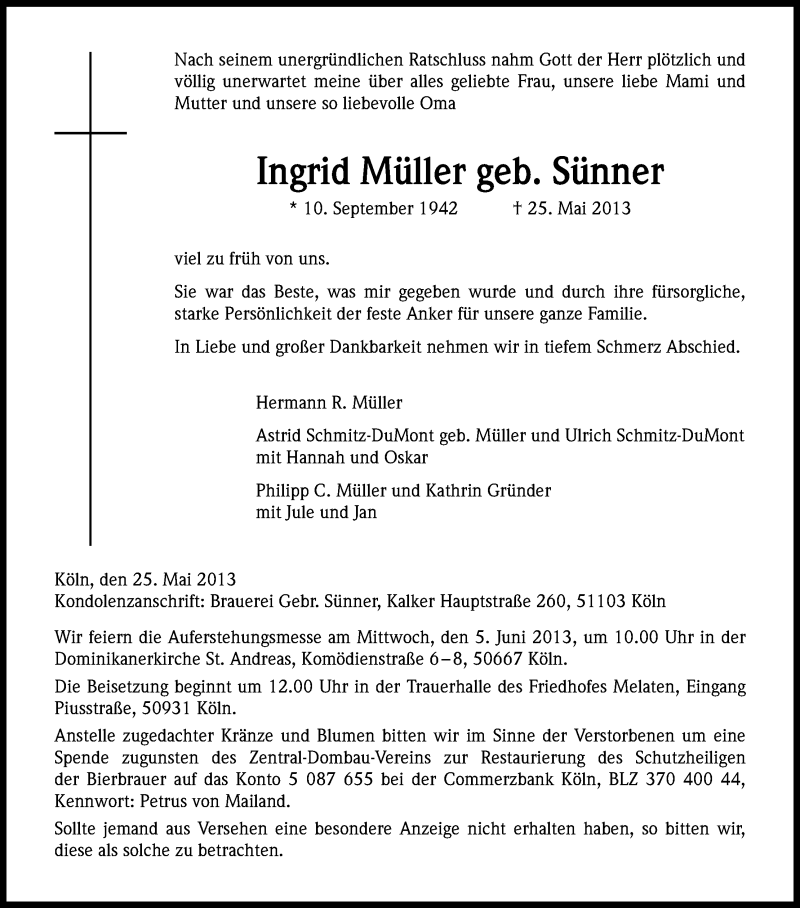  Traueranzeige für Ingrid Müller vom 01.06.2013 aus Kölner Stadt-Anzeiger / Kölnische Rundschau / Express