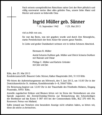 Anzeige von Ingrid Müller von Kölner Stadt-Anzeiger / Kölnische Rundschau / Express