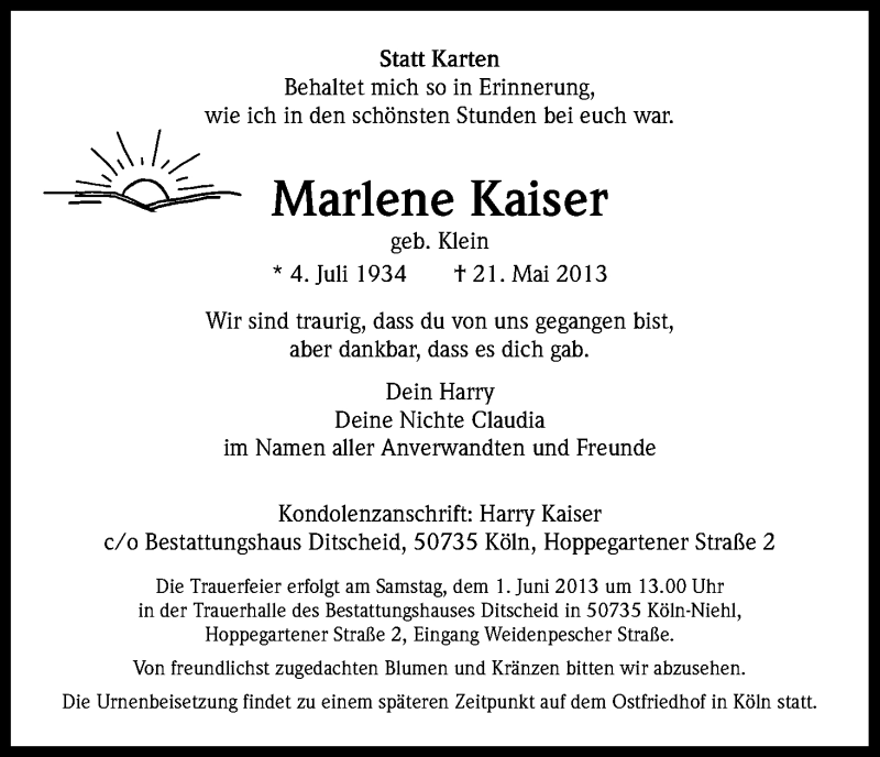  Traueranzeige für Marlene Kaiser vom 29.05.2013 aus Kölner Stadt-Anzeiger / Kölnische Rundschau / Express