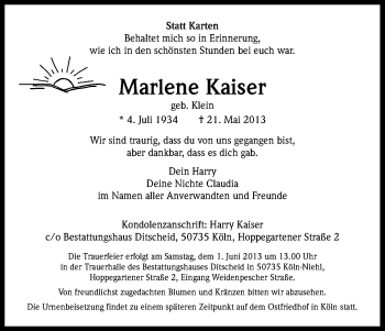 Anzeige von Marlene Kaiser von Kölner Stadt-Anzeiger / Kölnische Rundschau / Express
