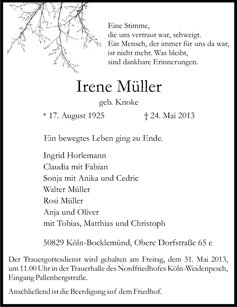  Traueranzeige für Irene Müller vom 29.05.2013 aus Kölner Stadt-Anzeiger / Kölnische Rundschau / Express