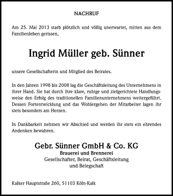 Anzeige von Ingrid Müller von Kölner Stadt-Anzeiger / Kölnische Rundschau / Express